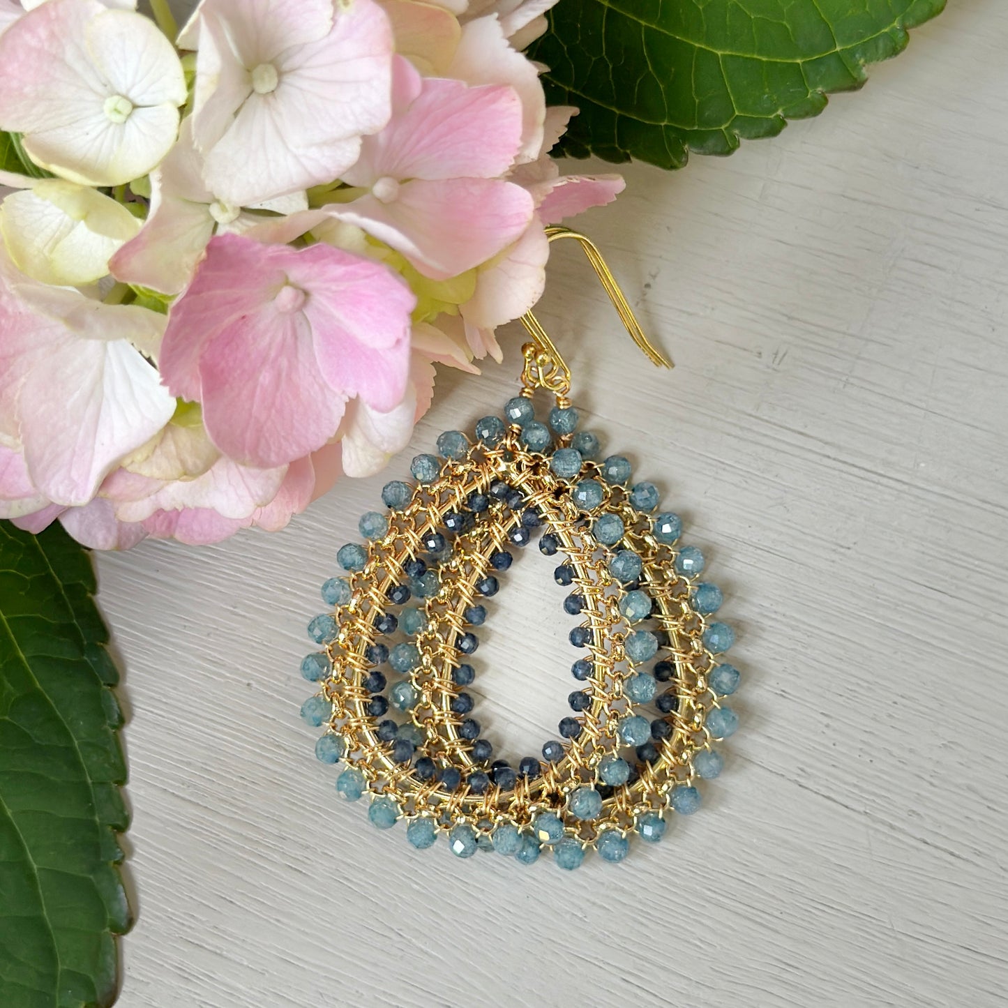 Pale Denim Blue Azurite & Dark Denim Iolite Large Rolo Teardrop Beaded Earrings