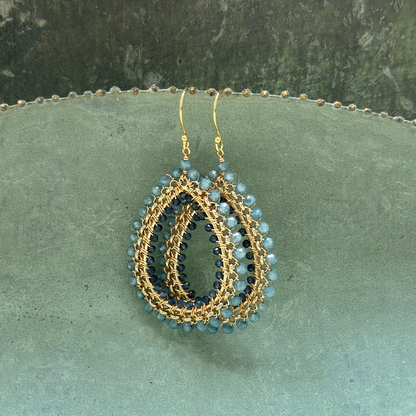 Pale Denim Blue Azurite & Dark Denim Iolite Large Rolo Teardrop Beaded Earrings