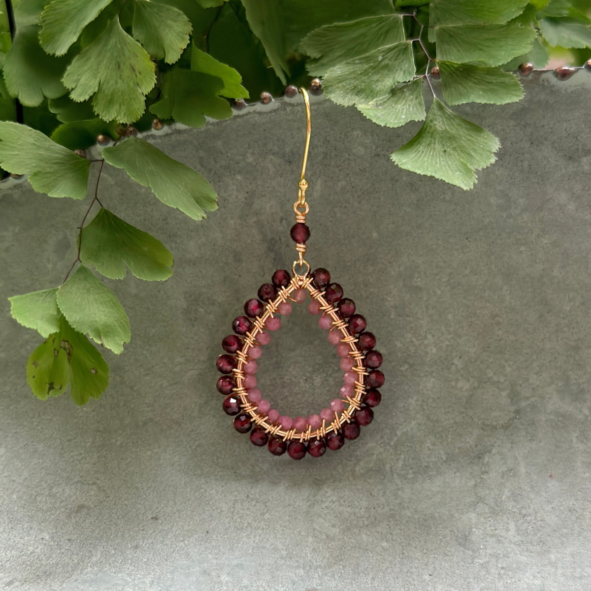 Burgundy Jade & Soft Pink Tourmaline Double Beaded Midi Teardrop Earrings