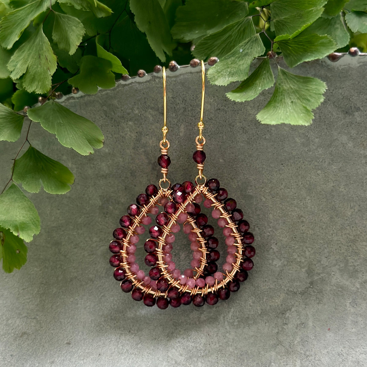 Burgundy Jade & Soft Pink Tourmaline Double Beaded Midi Teardrop Earrings