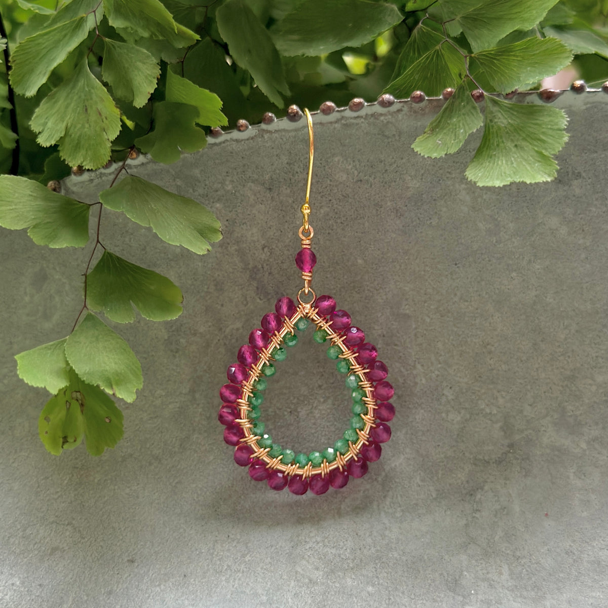 Fuchsia Pink Garnet & Pear Green Jade Double Beaded Midi Teardrop Earrings