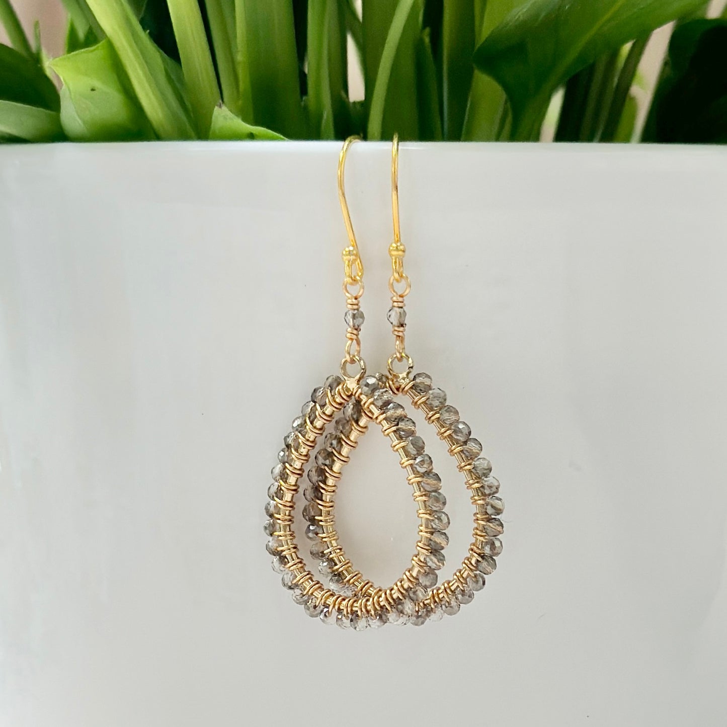 Sparkly Taupe Agate Midi Teardrop Beaded Earrings