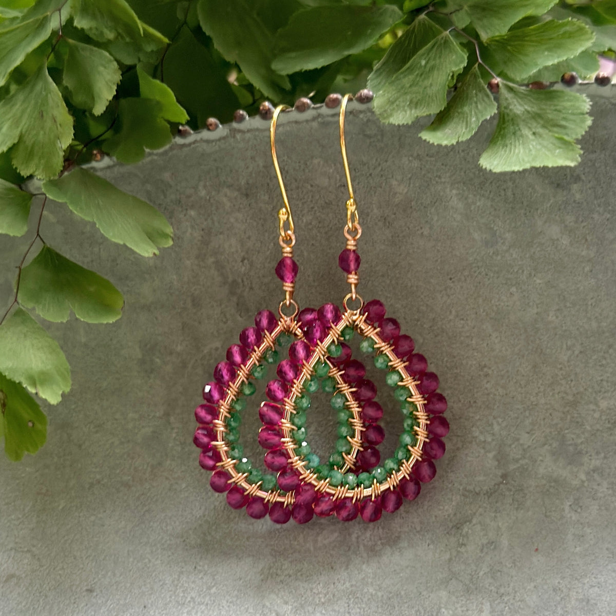 Fuchsia Pink Garnet & Pear Green Jade Double Beaded Midi Teardrop Earrings