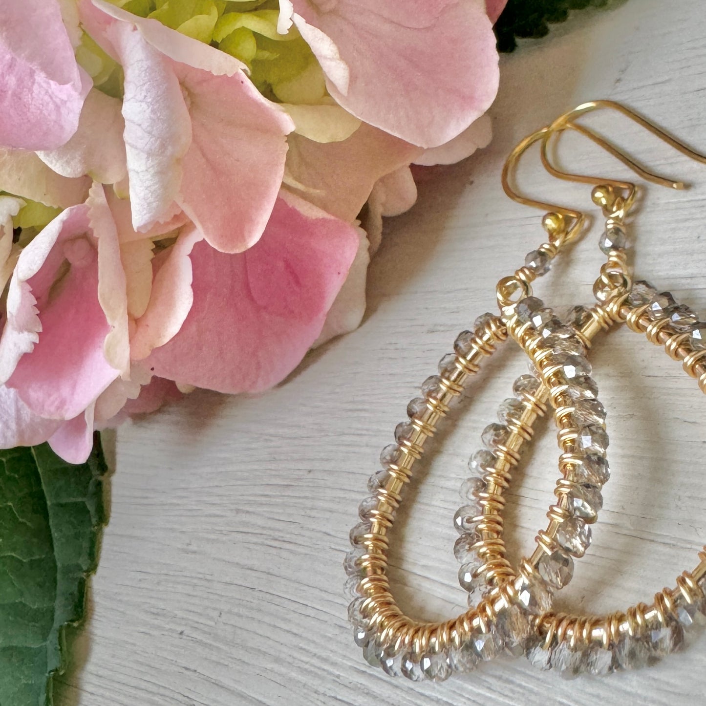 Sparkly Taupe Agate Midi Teardrop Beaded Earrings