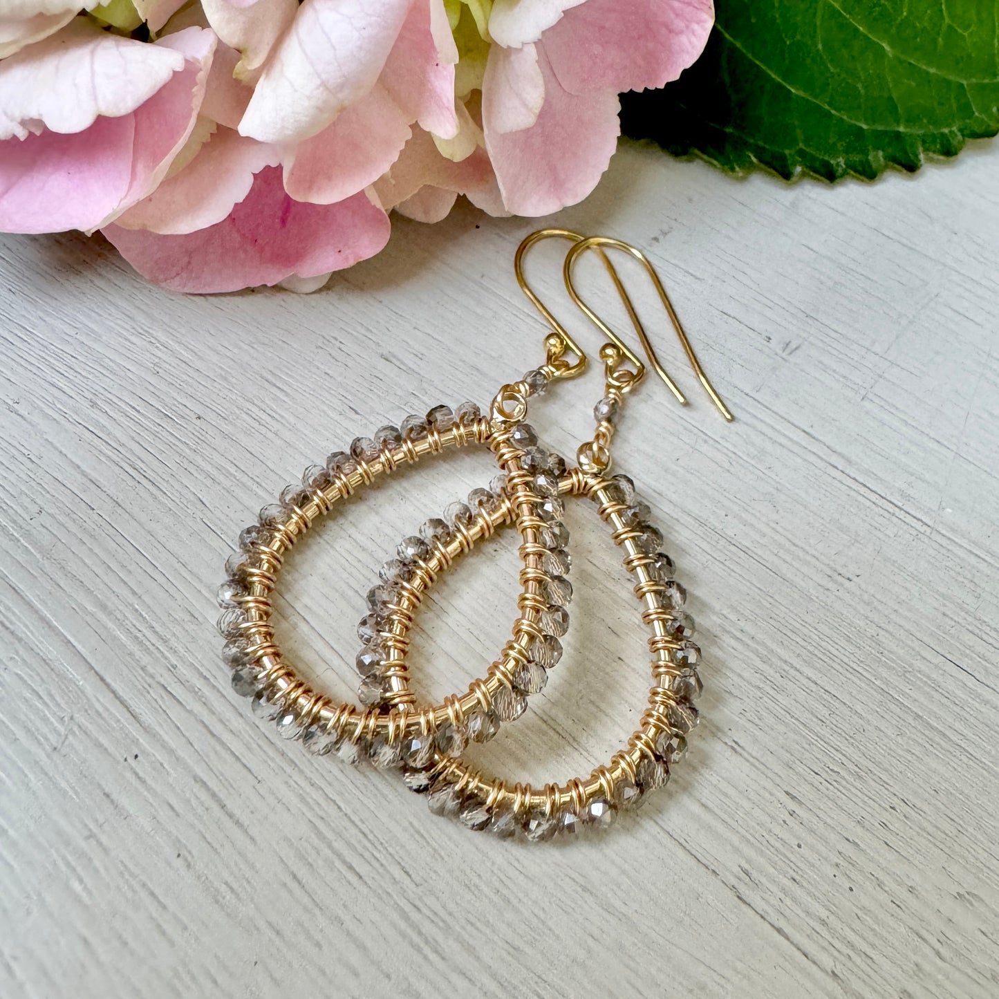 Sparkly Taupe Agate Midi Teardrop Beaded Earrings