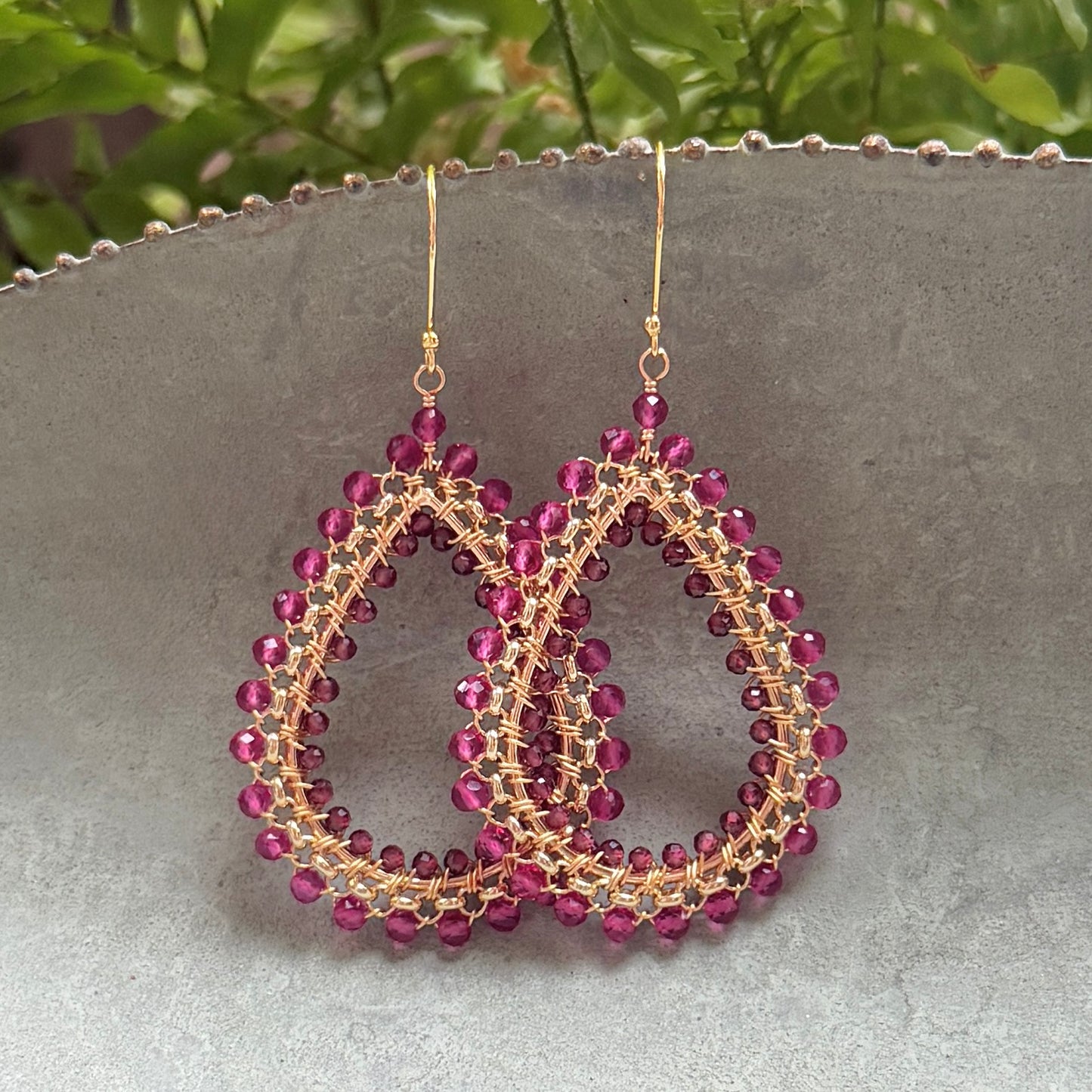 Fuchsia Pink & Burgundy Garnet Maxi Rolo Teardrop Beaded Earrings