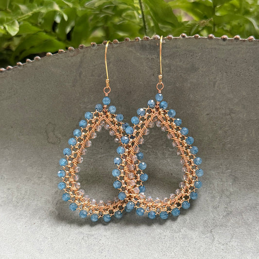 Dark Cornflower Blue Azurite & Crystal Maxi Rolo Teardrop Beaded Earrings
