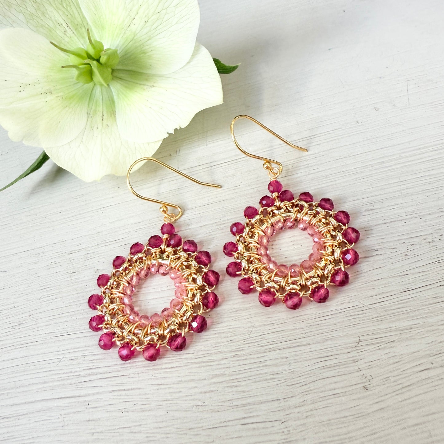 Fuchsia Pink Garnet & Candy Pink Garnet Rolo Round Beaded Earrings