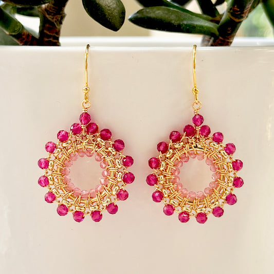Fuchsia Pink Garnet & Candy Pink Garnet Rolo Round Beaded Earrings