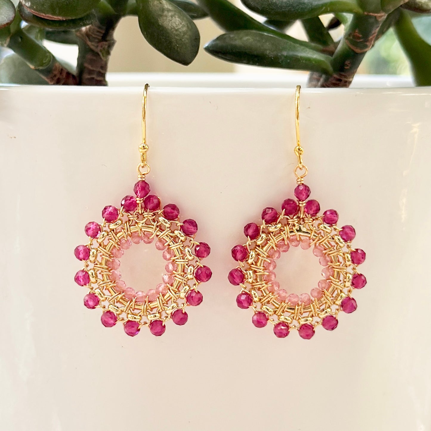 Fuchsia Pink Garnet & Candy Pink Garnet Rolo Round Beaded Earrings