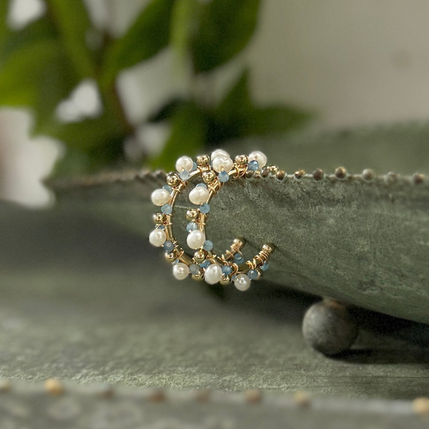 Pearl & Cornflower Blue Kyanite Mini Bobble Hoop Beaded Earrings
