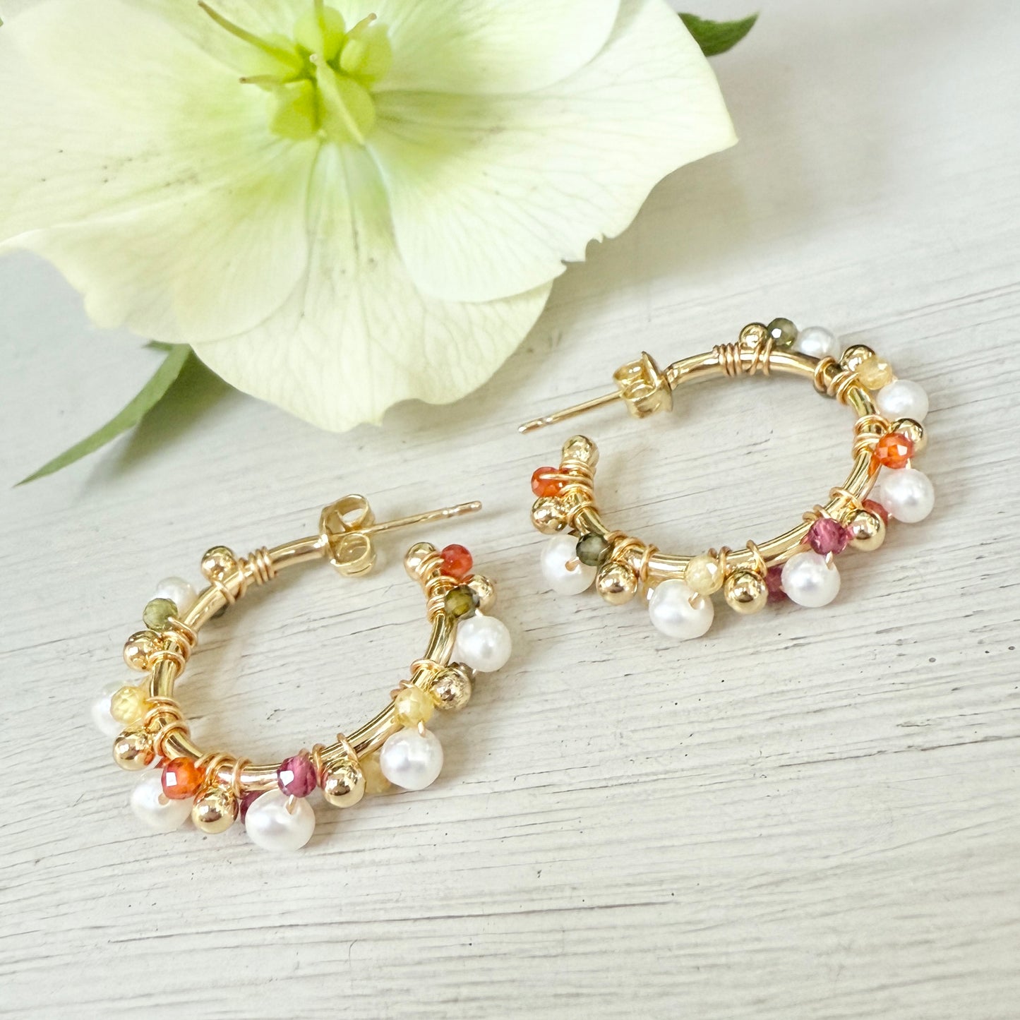 Pearl & Tutti Frutti Mini Bobble Hoop Beaded Earrings