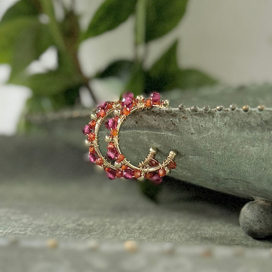 Fuchsia Pink Garnet & Orange Carnelian Mini Bobble Hoop Beaded Earrings