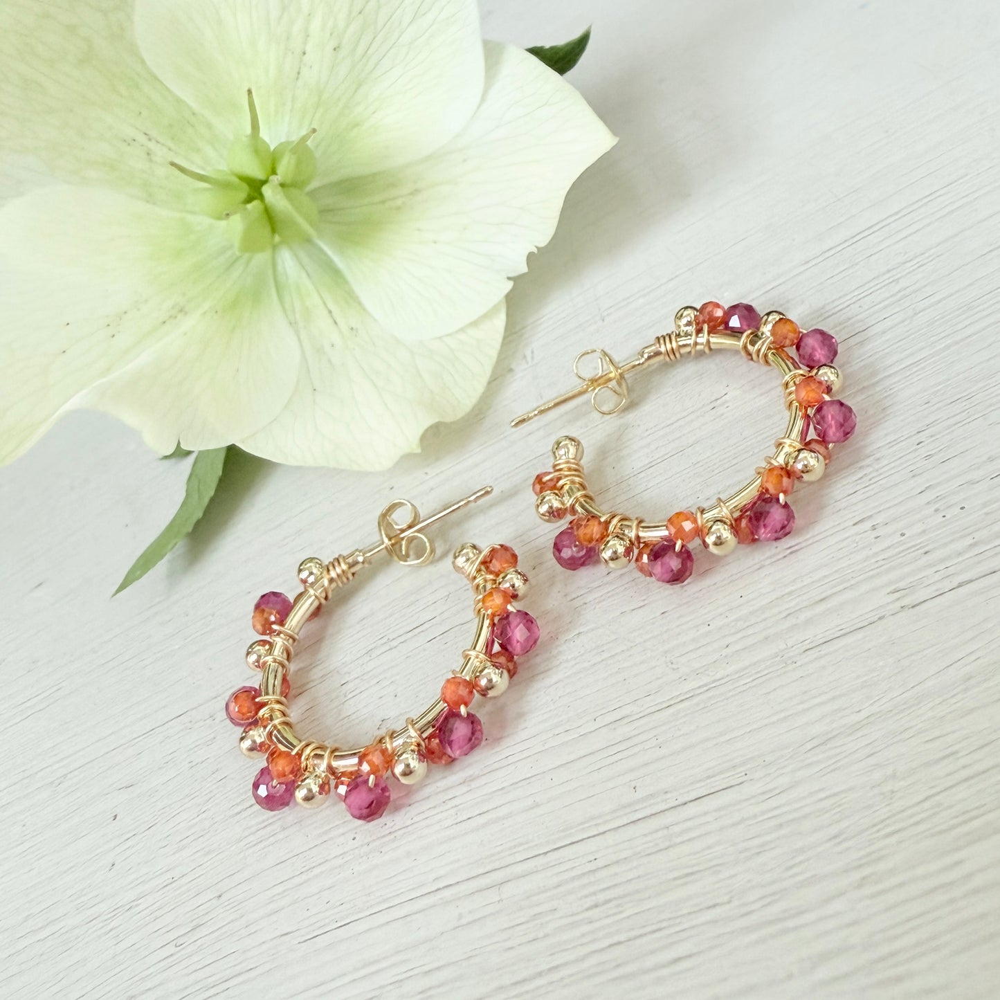 Fuchsia Pink Garnet & Orange Carnelian Mini Bobble Hoop Beaded Earrings