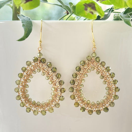 Mid Olive Green Peridot & Pale Peridot Medium Rolo Teardrop Beaded Earrings