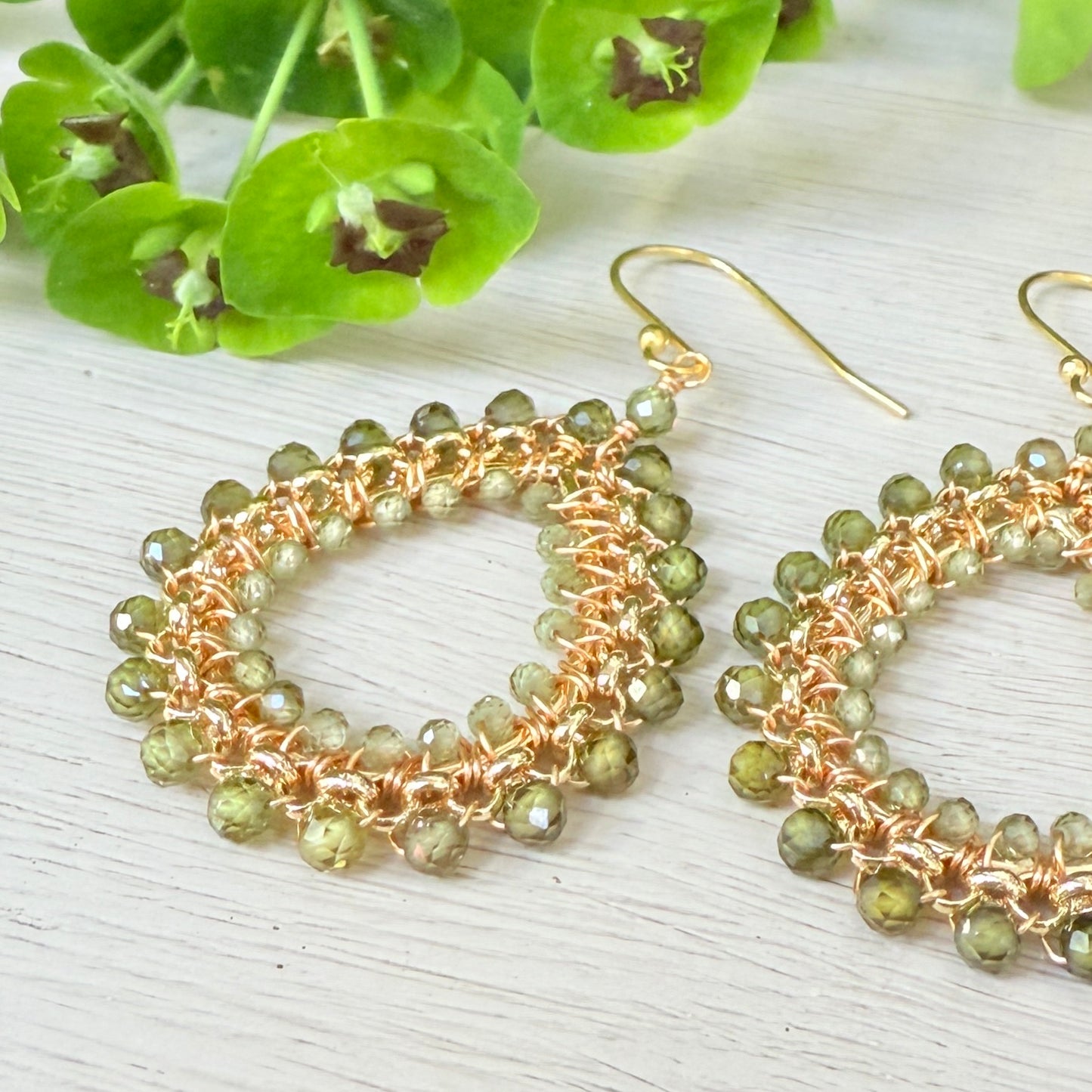 Mid Olive Green Peridot & Pale Peridot Medium Rolo Teardrop Beaded Earrings