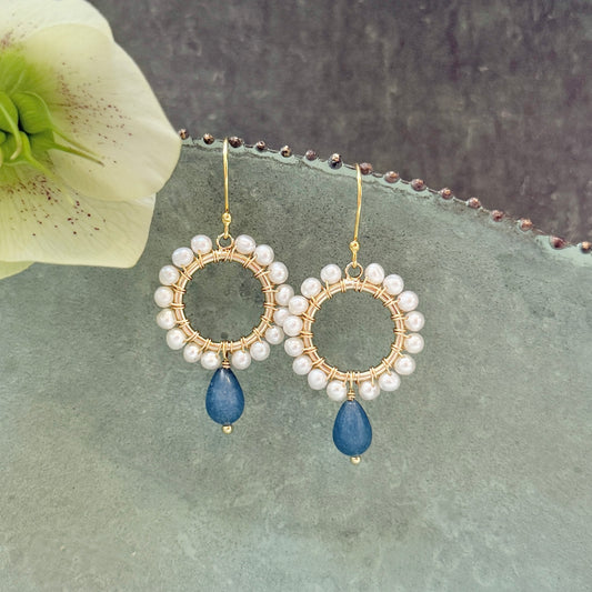 Pearl Mini Round With Dark Denim Chalcedony Drop Beaded Earrings