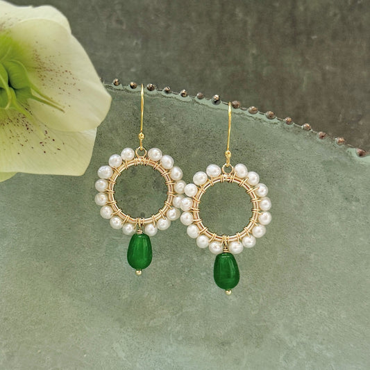 Pearl Mini Round With Green Jade Drop Beaded Earrings