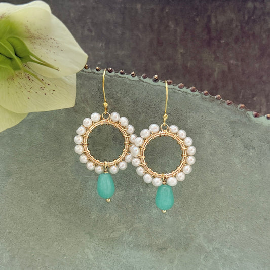 Pearl Mini Round With Seafoam Chalcedony Drop Beaded Earrings
