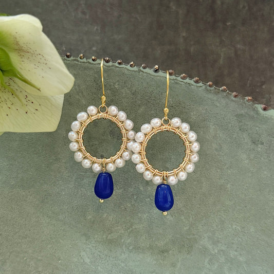 Pearl Mini Round With Royal Blue Agate Drop Beaded Earrings