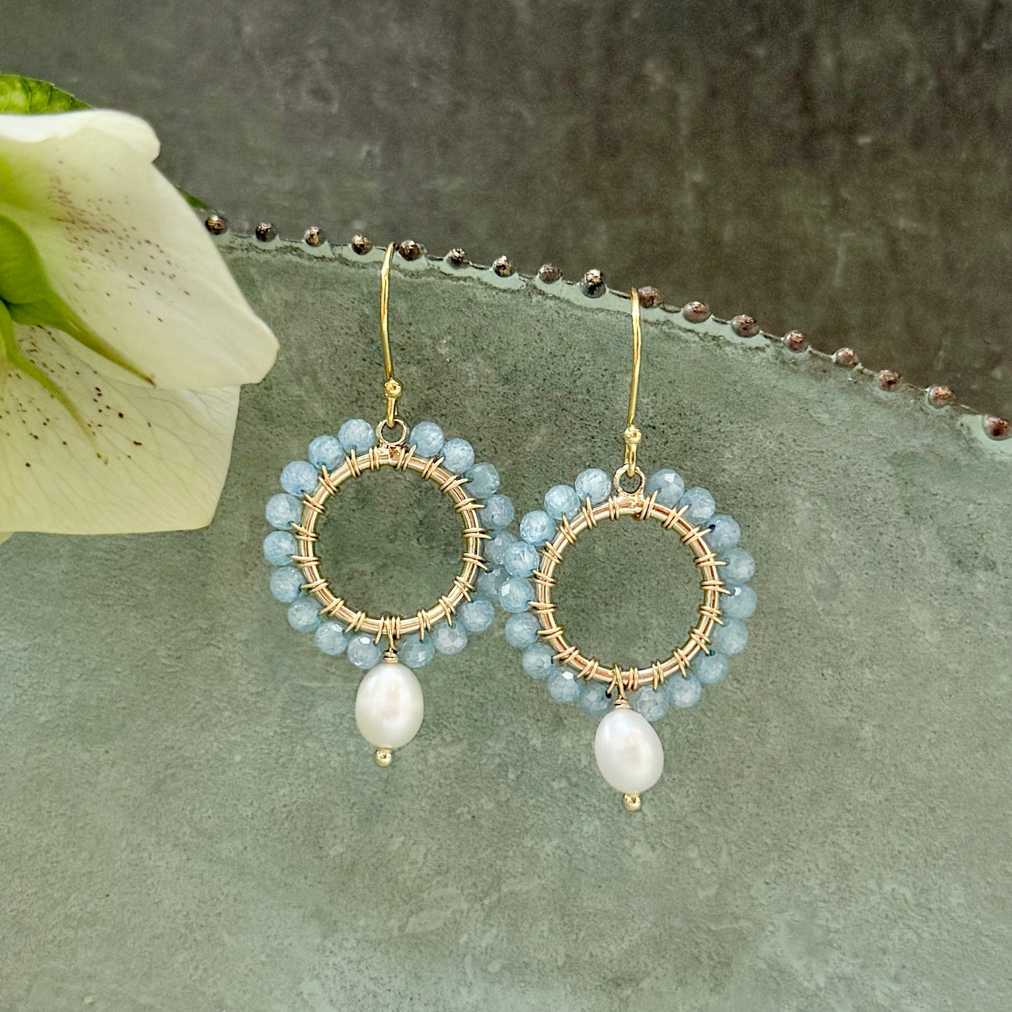 Powder Blue Quartz Mini Round With Pearl Drop Beaded Earrings