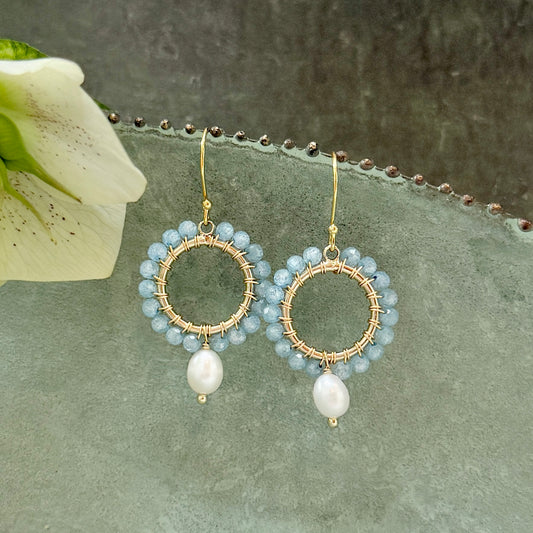 Powder Blue Quartz Mini Round With Pearl Drop Beaded Earrings