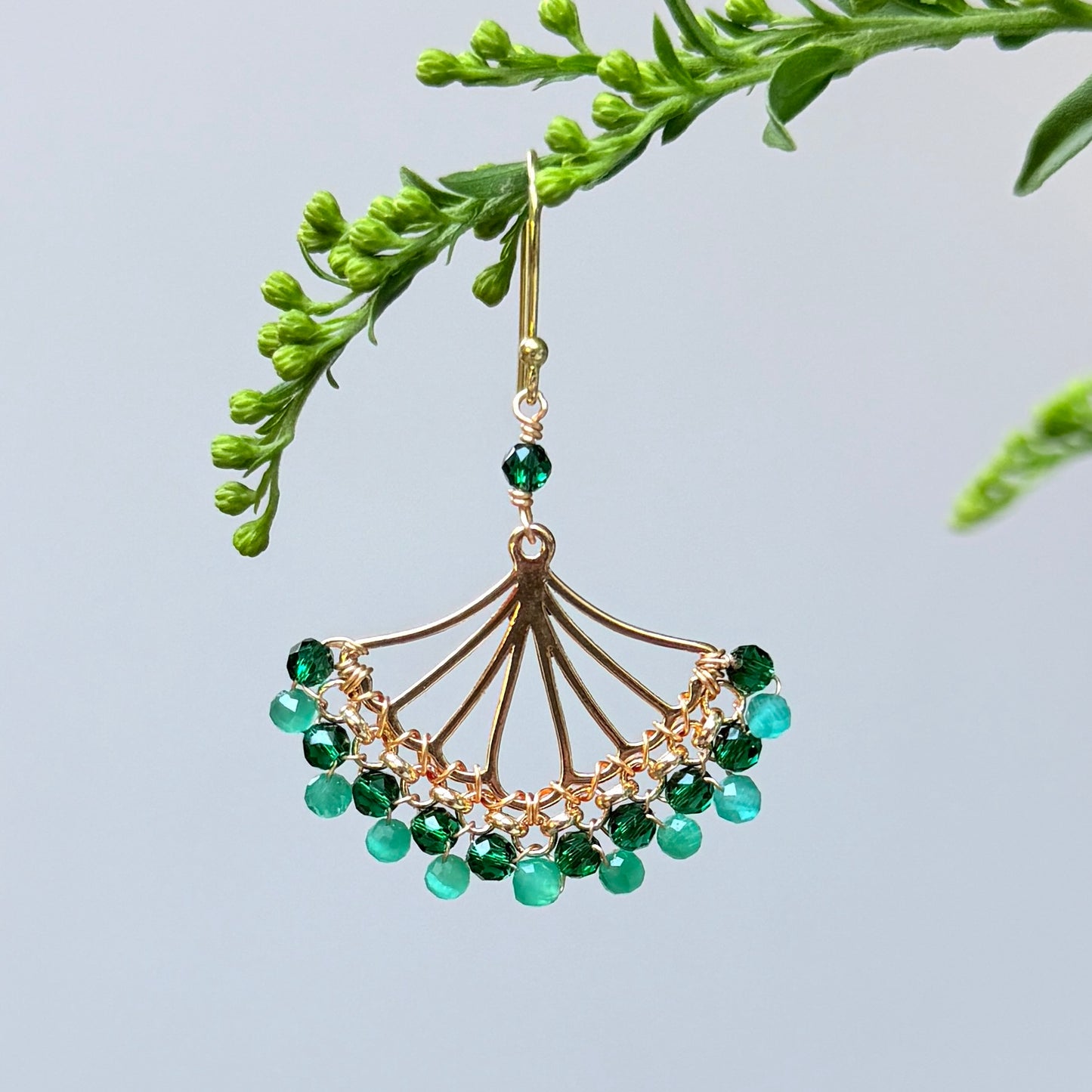 Emerald Green & Mint Green Jade Rolo Fan Beaded Earrings