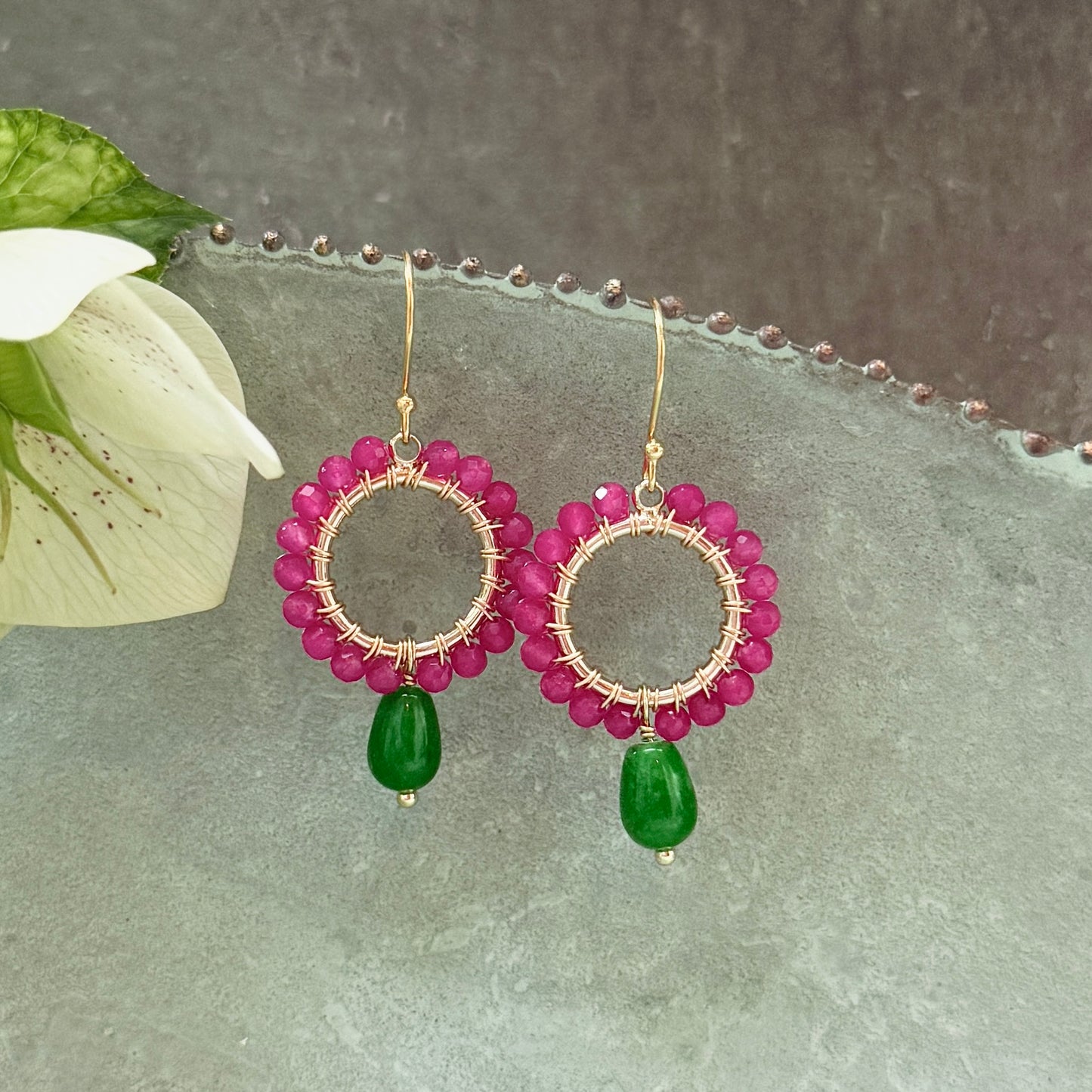 Fuchsia Pink Garnet Mini Round With Green Jade Drop Beaded Earrings