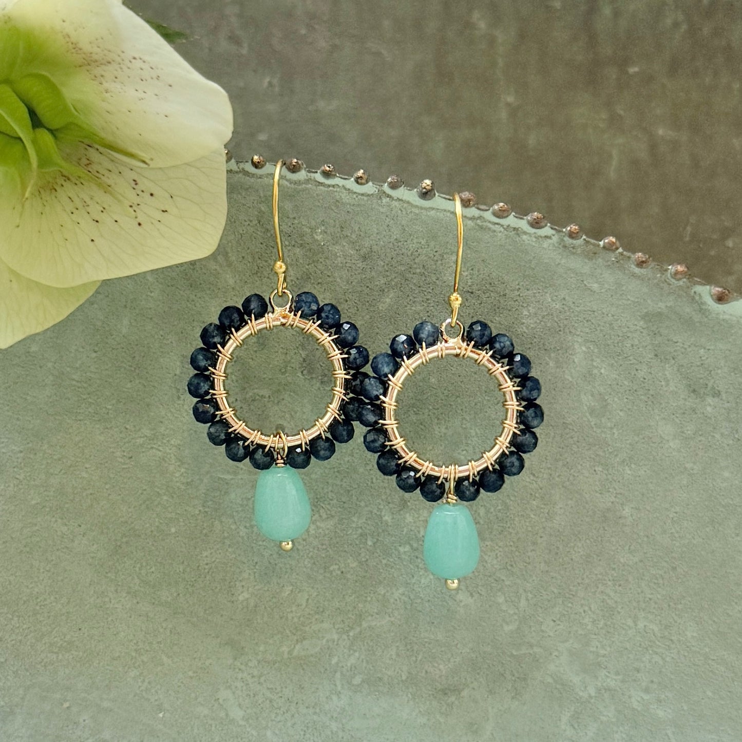 Dark Denim Iolite Mini Round With Seafoam Chalcedony Drop Beaded Earrings