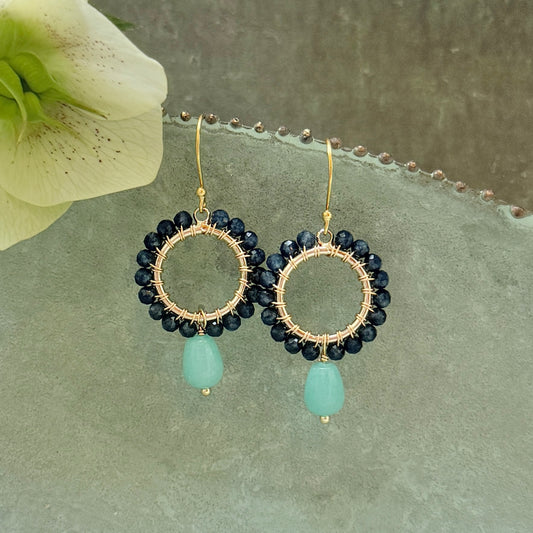 Dark Denim Iolite Mini Round With Seafoam Chalcedony Drop Beaded Earrings