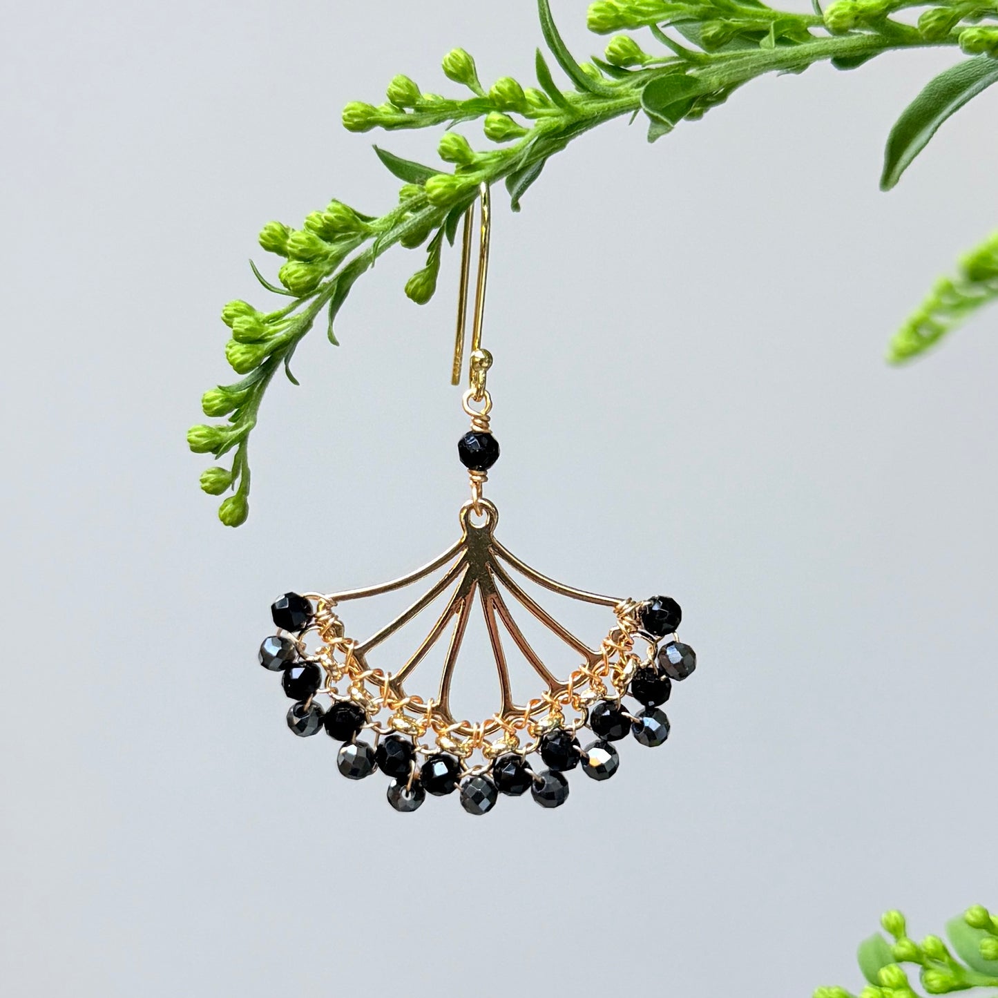 Black Onyx & Sparkly Charcoal Grey Hematite Rolo Fan Beaded Earrings