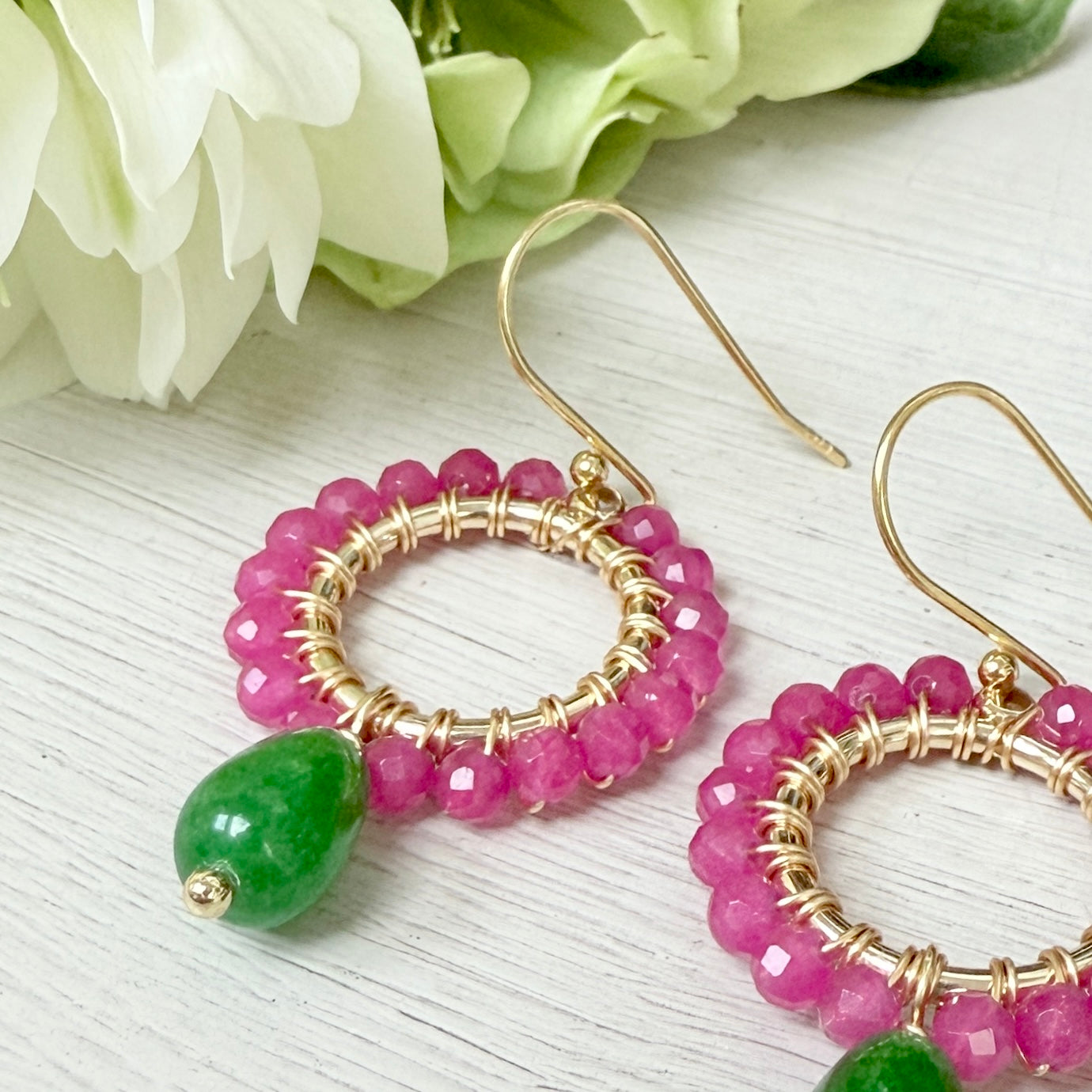 Fuchsia Pink Garnet Mini Round With Green Jade Drop Beaded Earrings