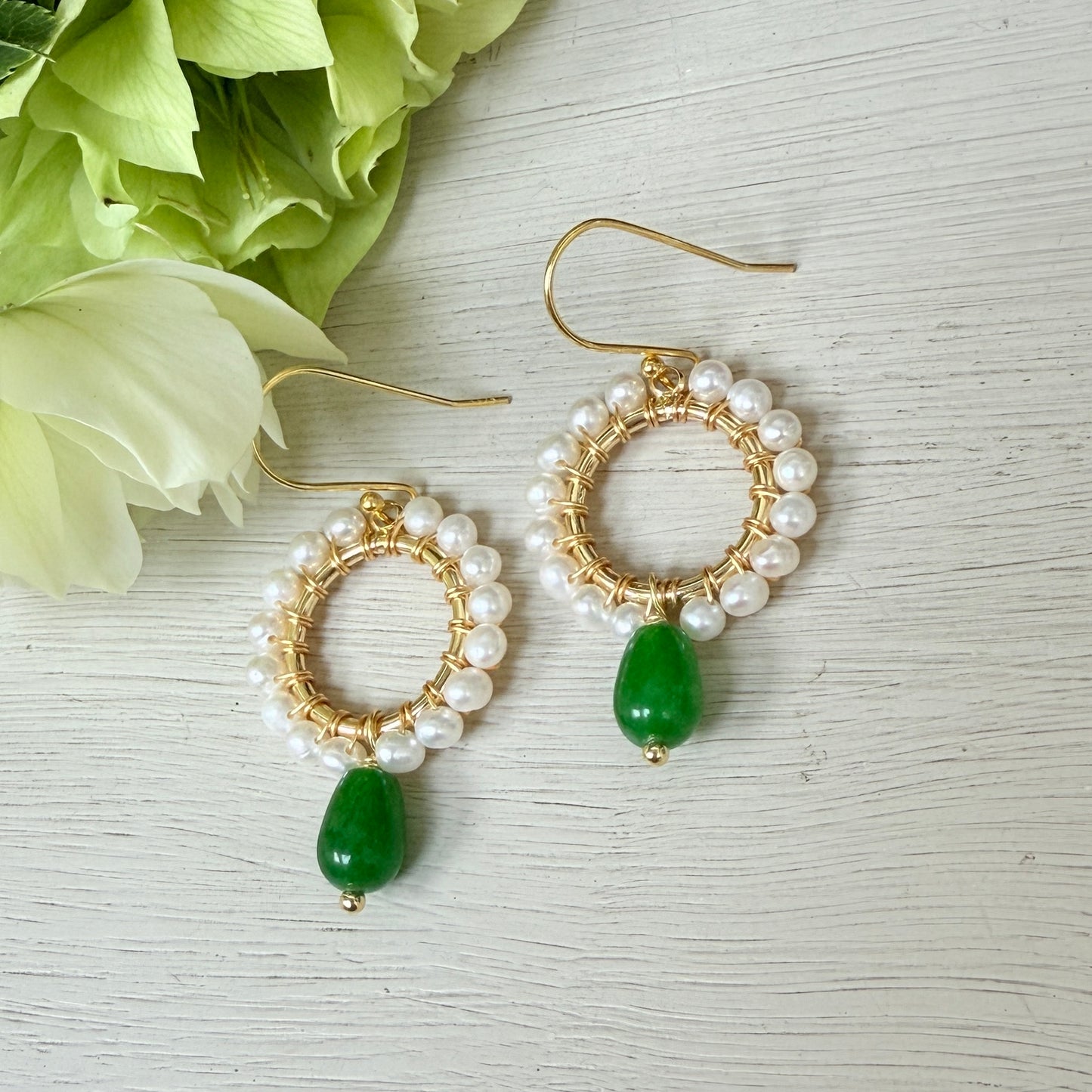 Pearl Mini Round With Green Jade Drop Beaded Earrings