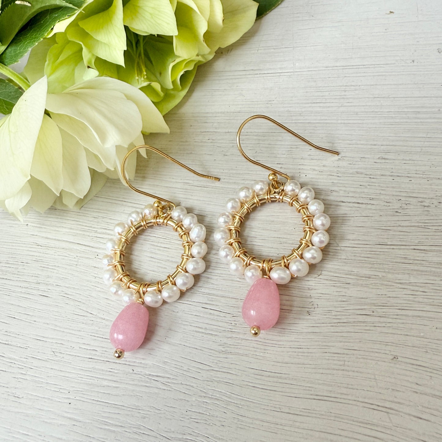 Pearl Mini Round With Pale Pink Chalcedony Drop Beaded Earrings