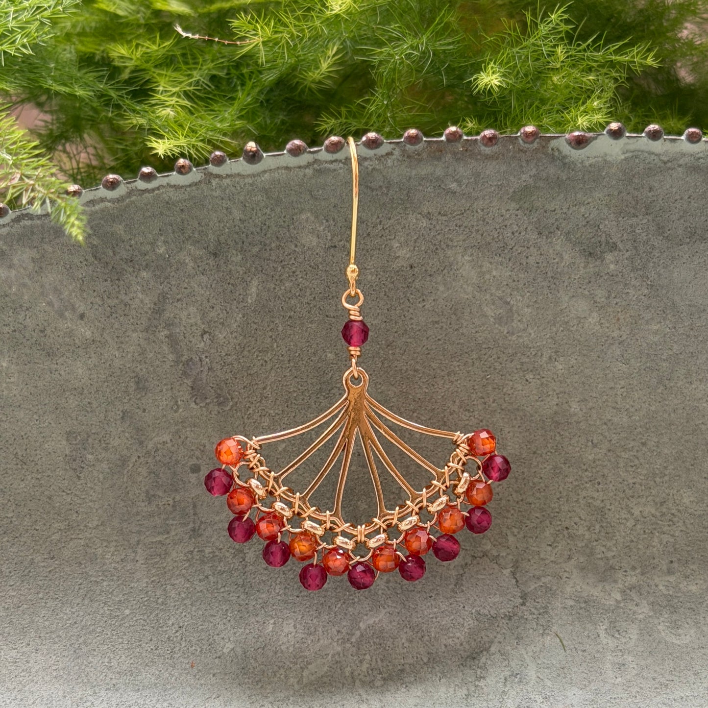 Orange Carnelian & Fuchsia Pink Garnet Rolo Fan Beaded Earrings