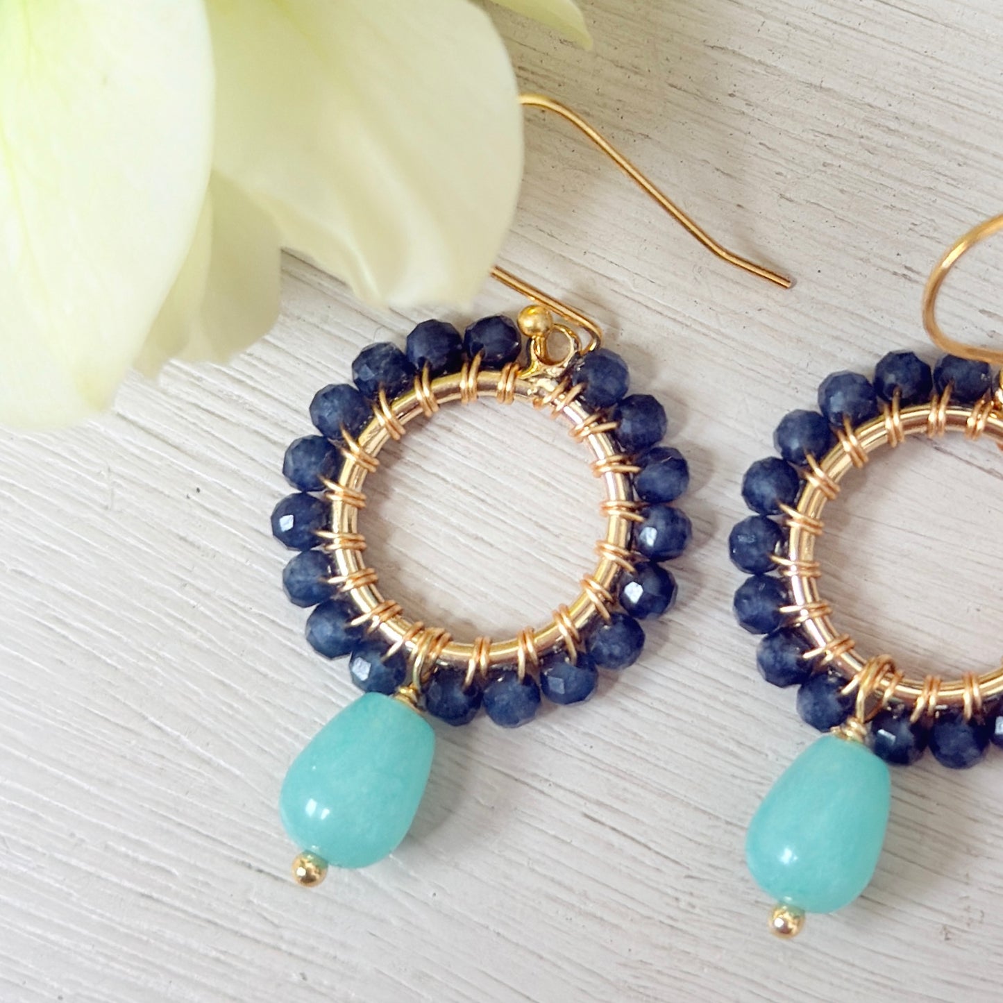 Dark Denim Iolite Mini Round With Seafoam Chalcedony Drop Beaded Earrings