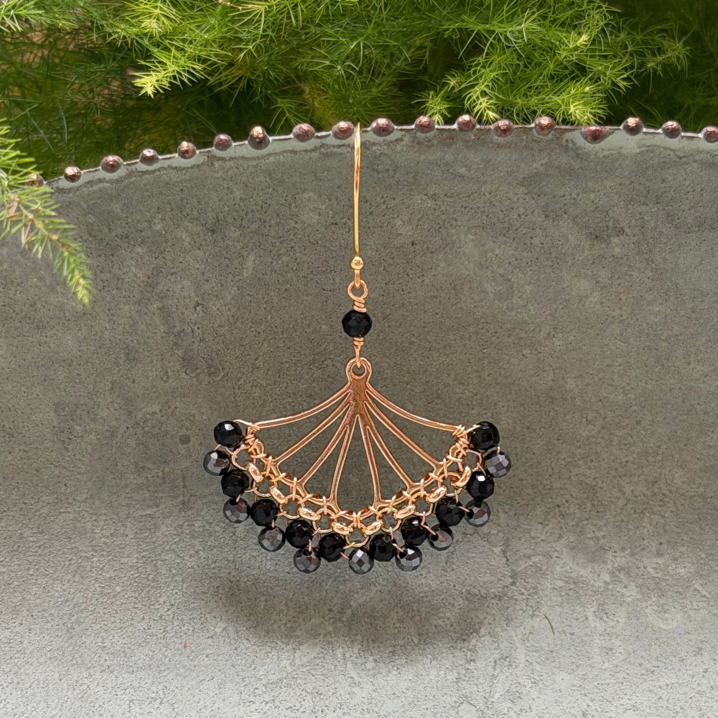 Black Onyx & Sparkly Charcoal Grey Hematite Rolo Fan Beaded Earrings