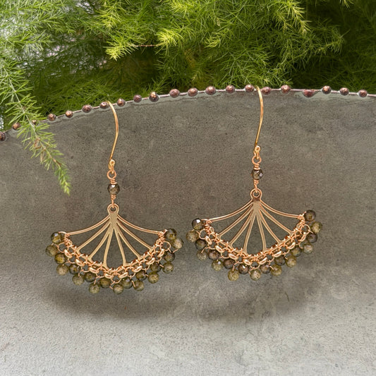 Pale Olive Green Peridot & Dark Peridot Rolo Fan Beaded Earrings