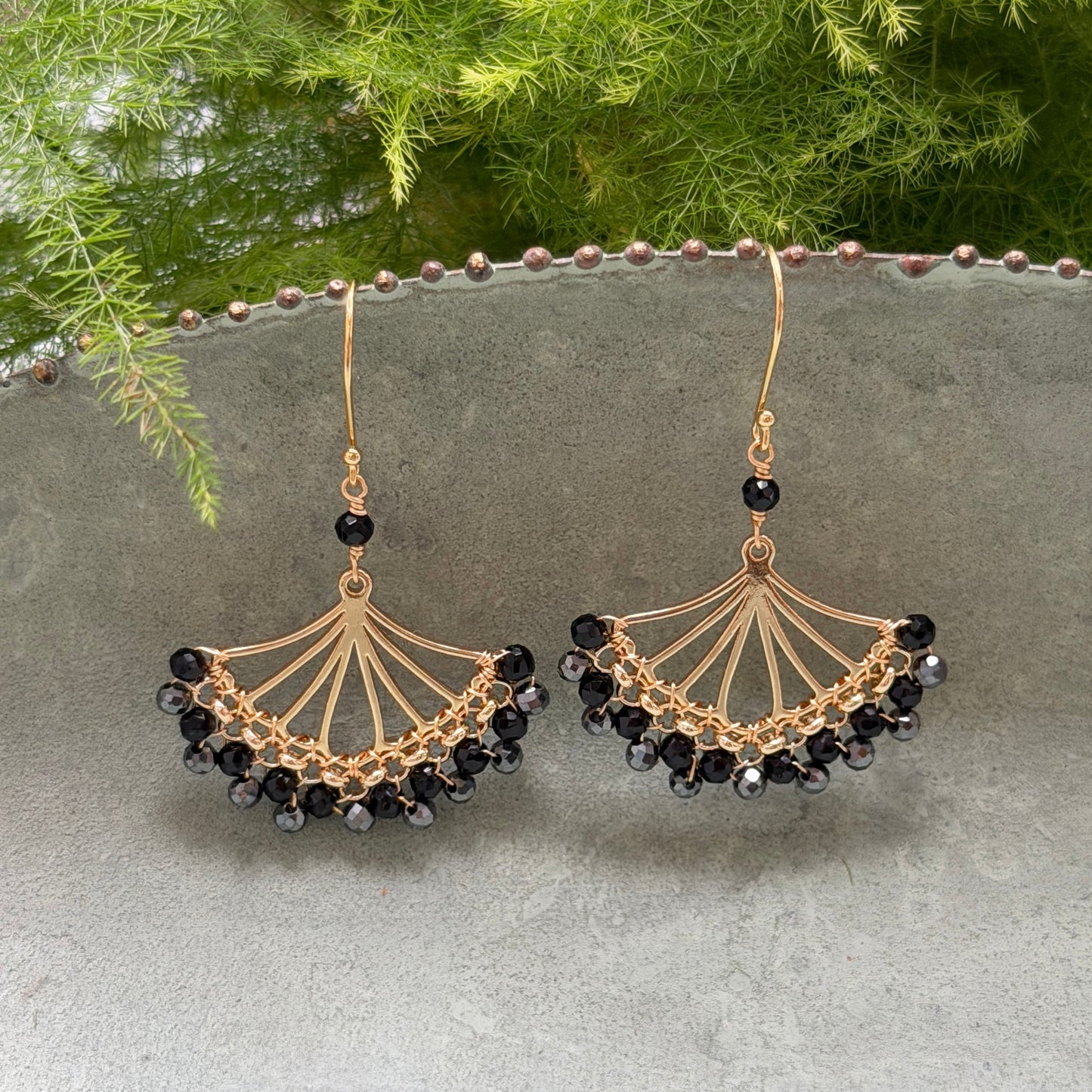 Black Onyx & Sparkly Charcoal Grey Hematite Rolo Fan Beaded Earrings