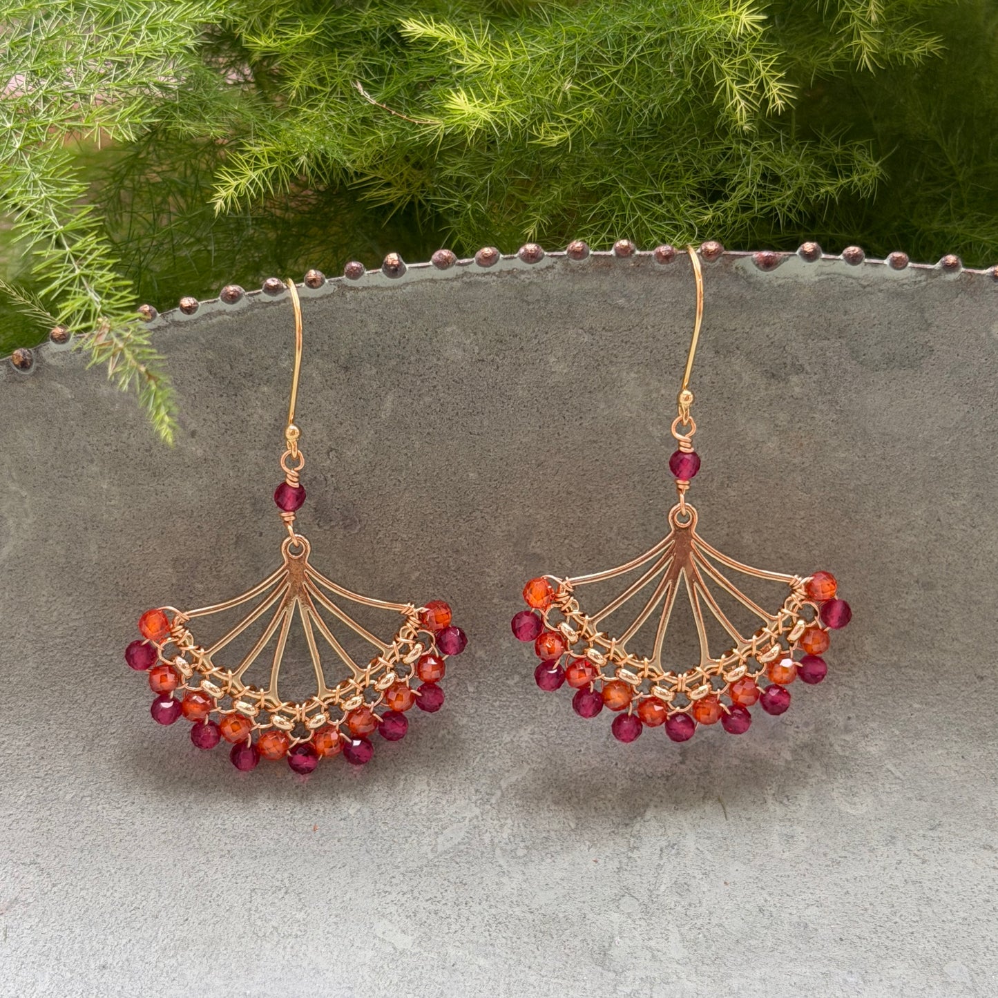 Orange Carnelian & Fuchsia Pink Garnet Rolo Fan Beaded Earrings