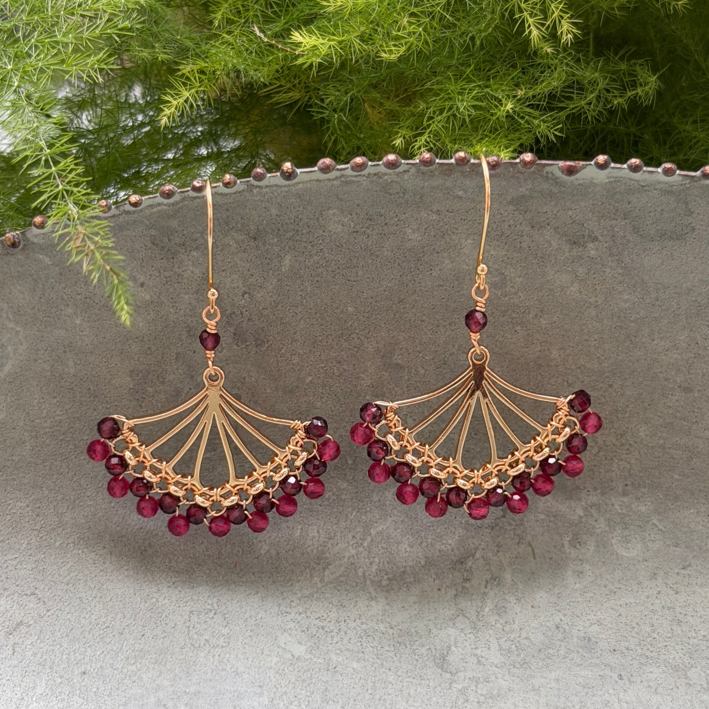 Burgundy & Fuchsia Pink Garnet Rolo Fan Beaded Earrings