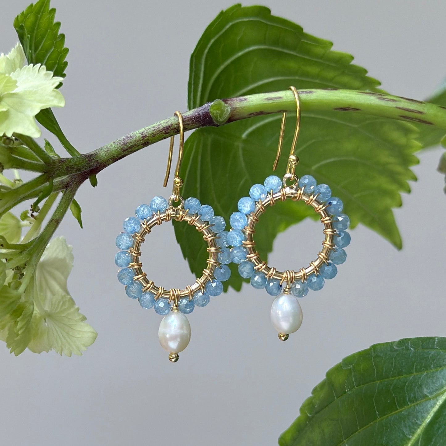 Powder Blue Quartz Mini Round With Pearl Drop Beaded Earrings