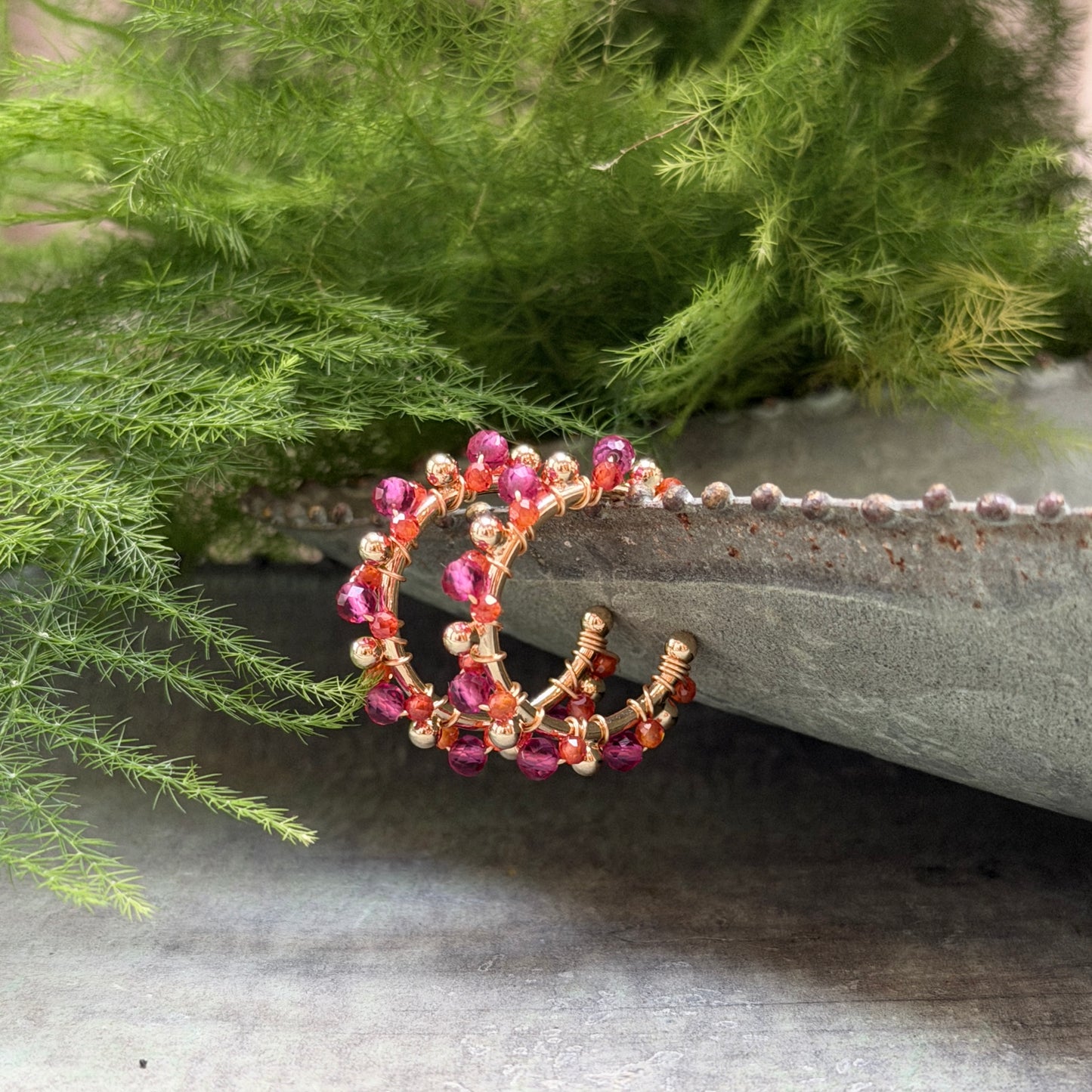Fuchsia Pink Garnet & Orange Carnelian Mini Bobble Hoop Beaded Earrings