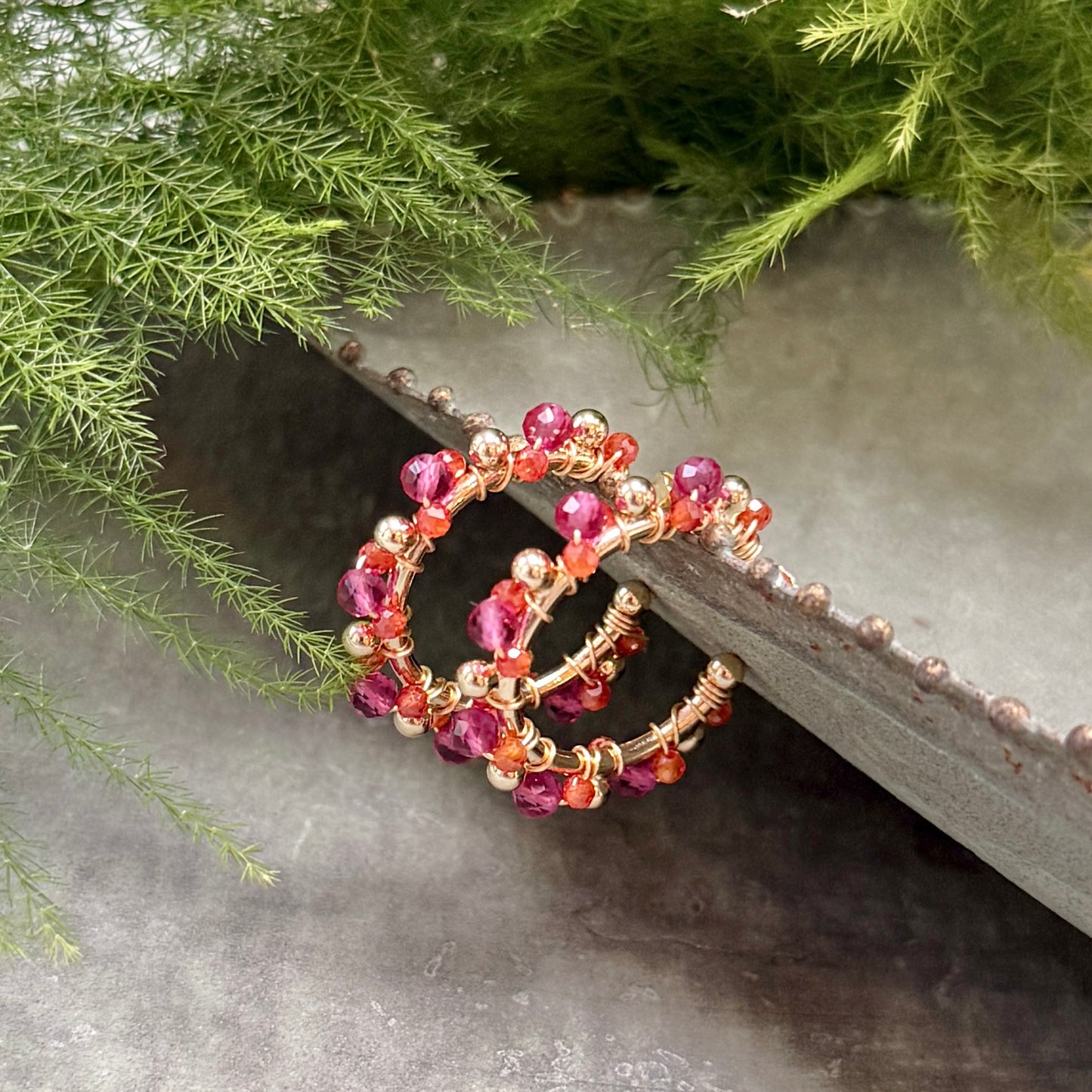 Fuchsia Pink Garnet & Orange Carnelian Mini Bobble Hoop Beaded Earrings