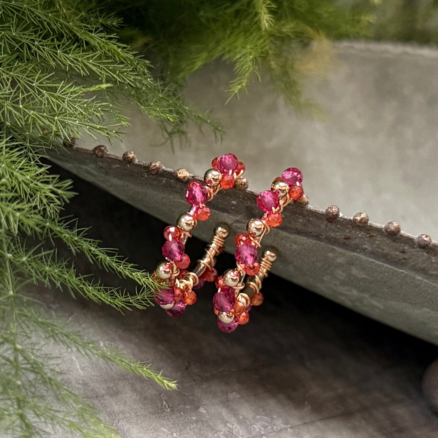Fuchsia Pink Garnet & Orange Carnelian Mini Bobble Hoop Beaded Earrings