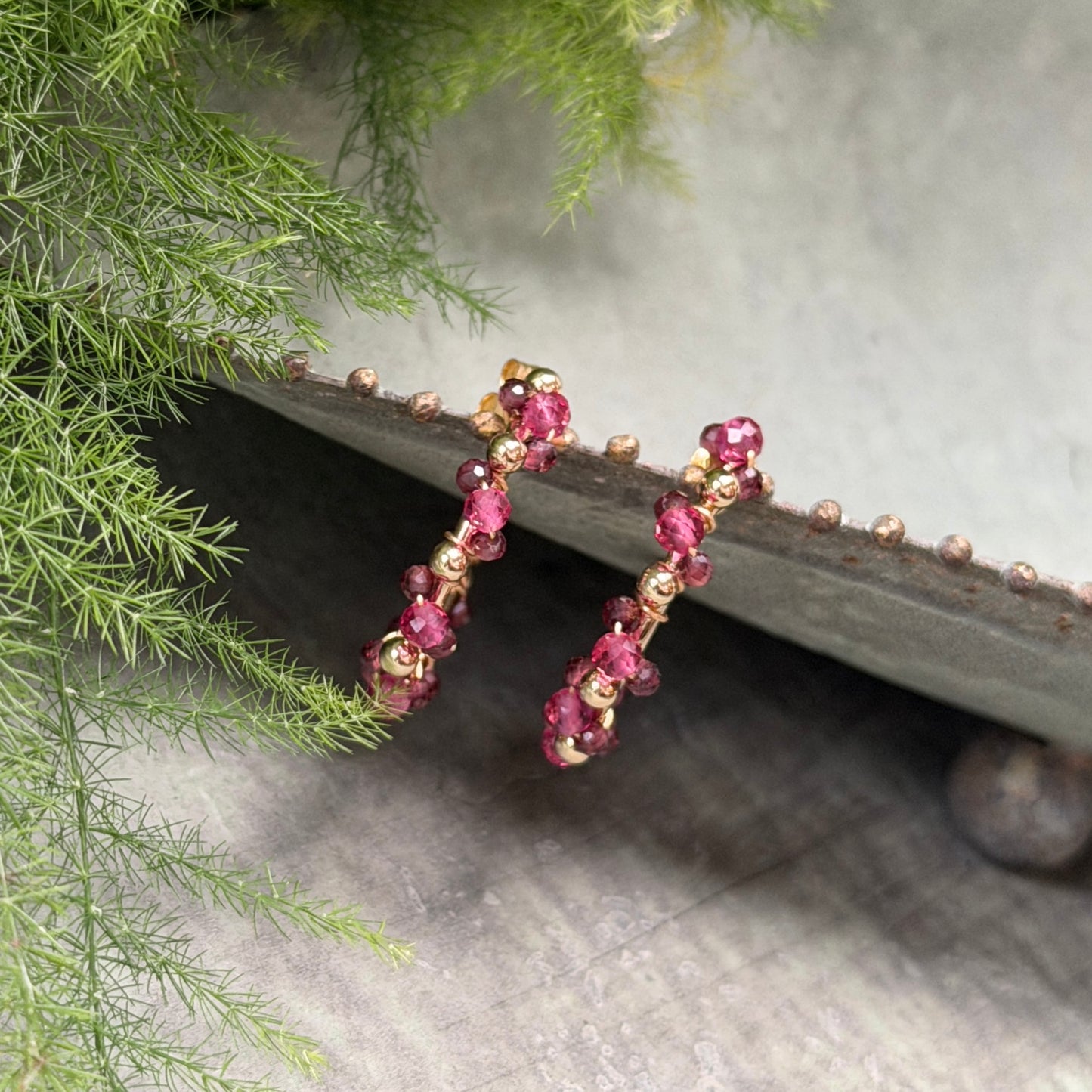 Fuchsia Pink & Burgundy Garnet Mini Bobble Hoop Beaded Earrings