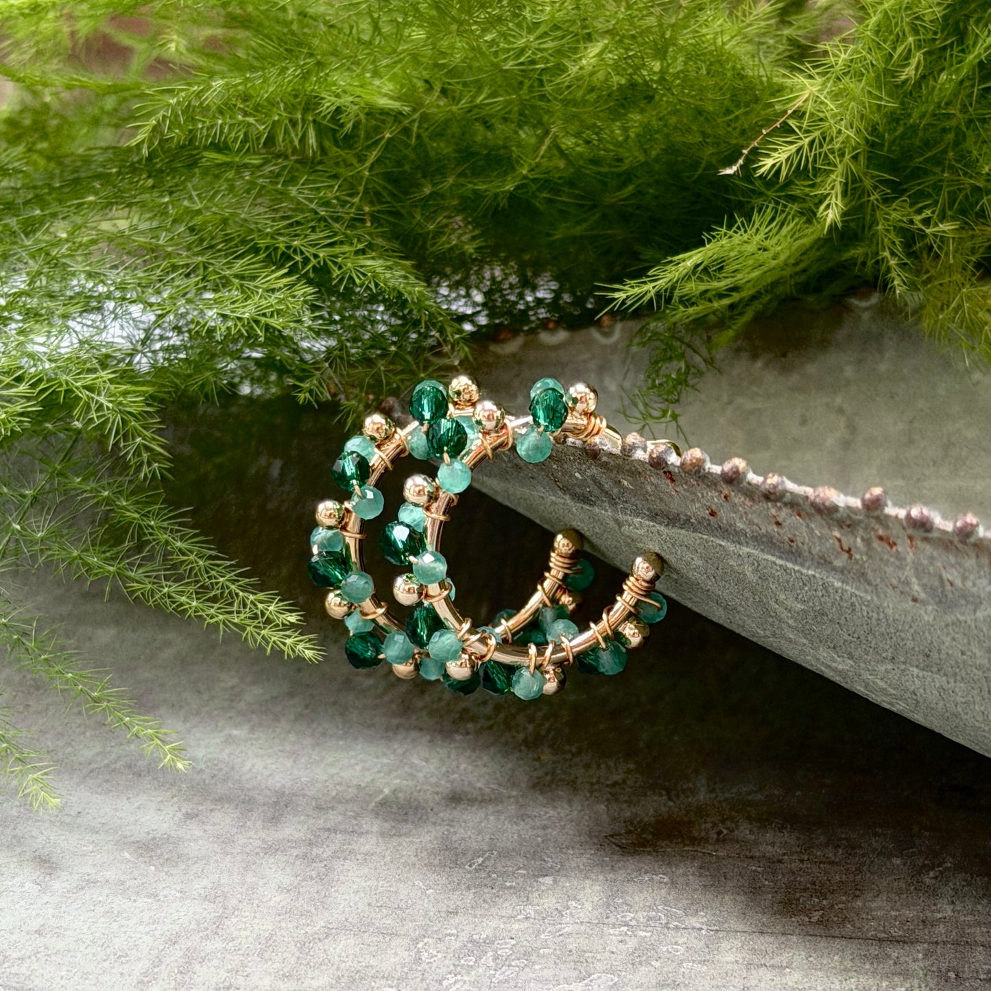 Emerald Green & Mint Jade Mini Bobble Hoop Beaded Earrings