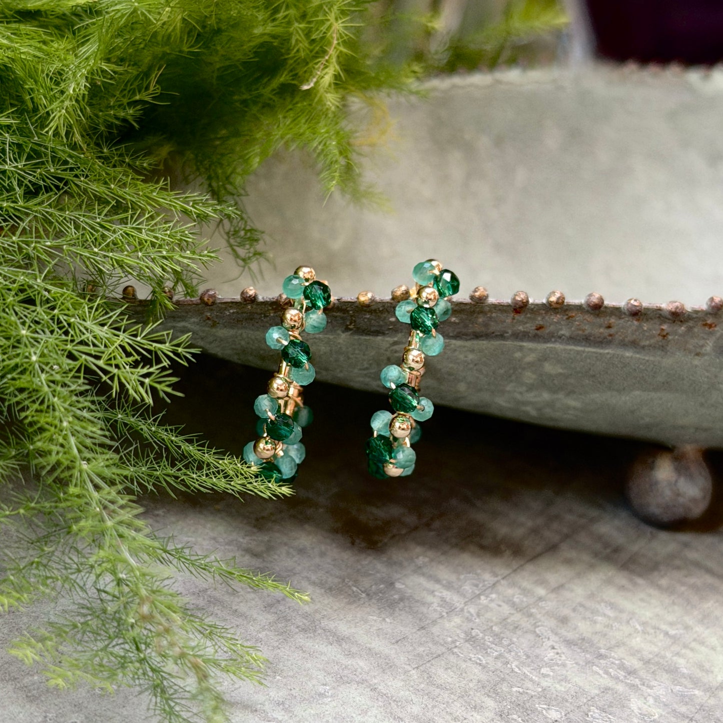 Emerald Green & Mint Jade Mini Bobble Hoop Beaded Earrings