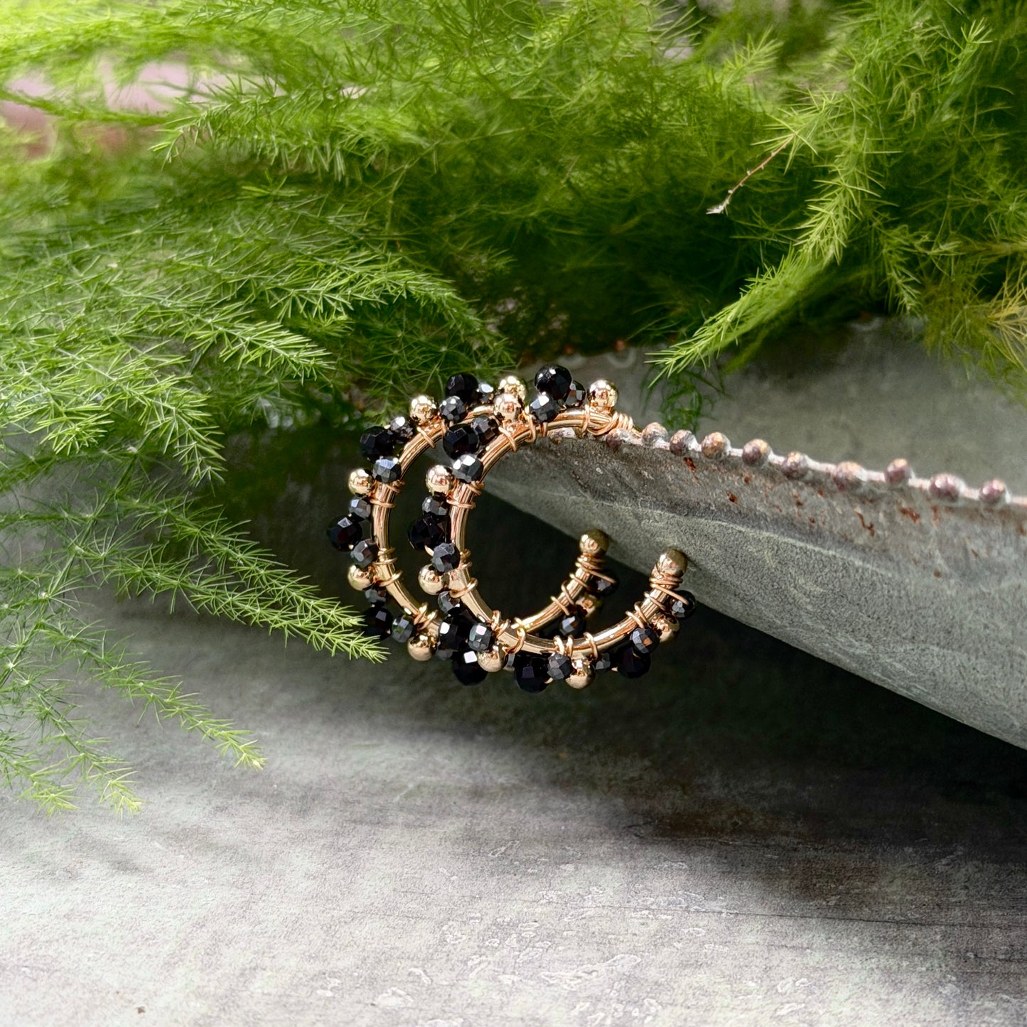 Black Onyx & Charcoal Hematite Mini Bobble Hoop Beaded Earrings