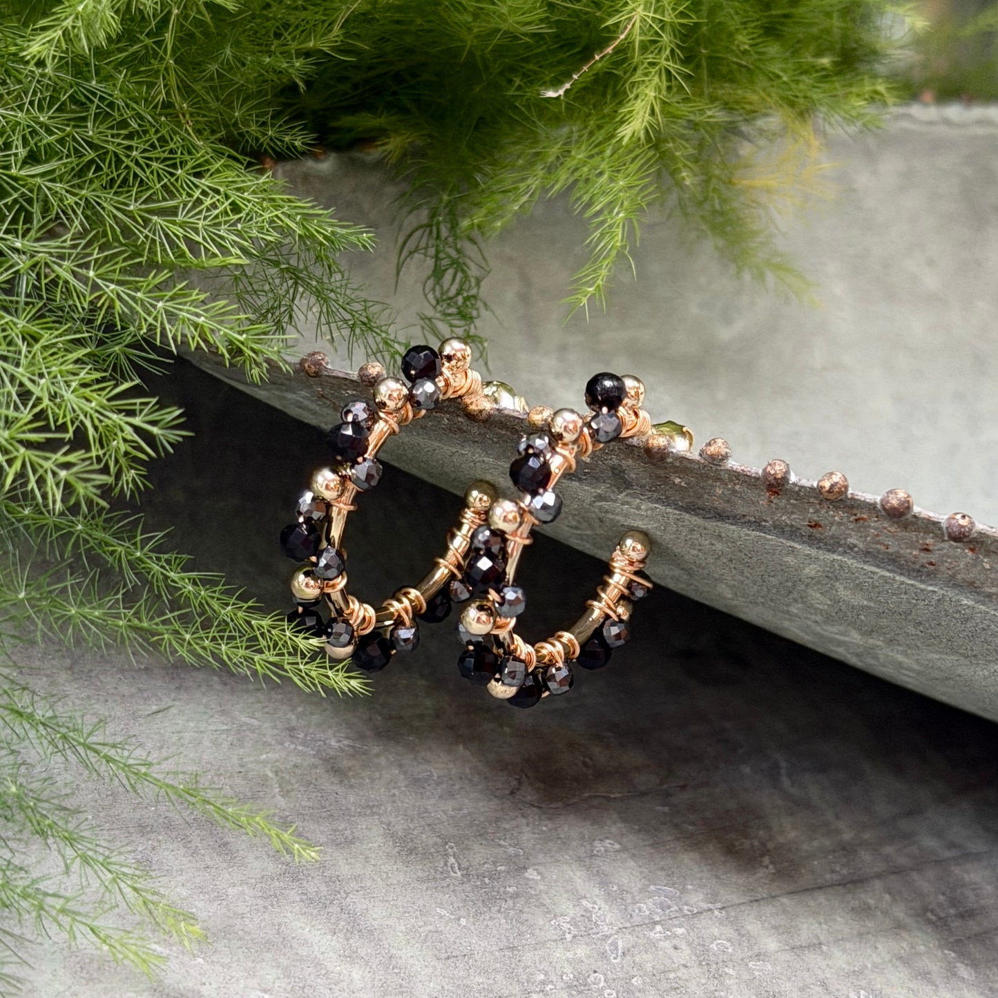 Black Onyx & Charcoal Hematite Mini Bobble Hoop Beaded Earrings